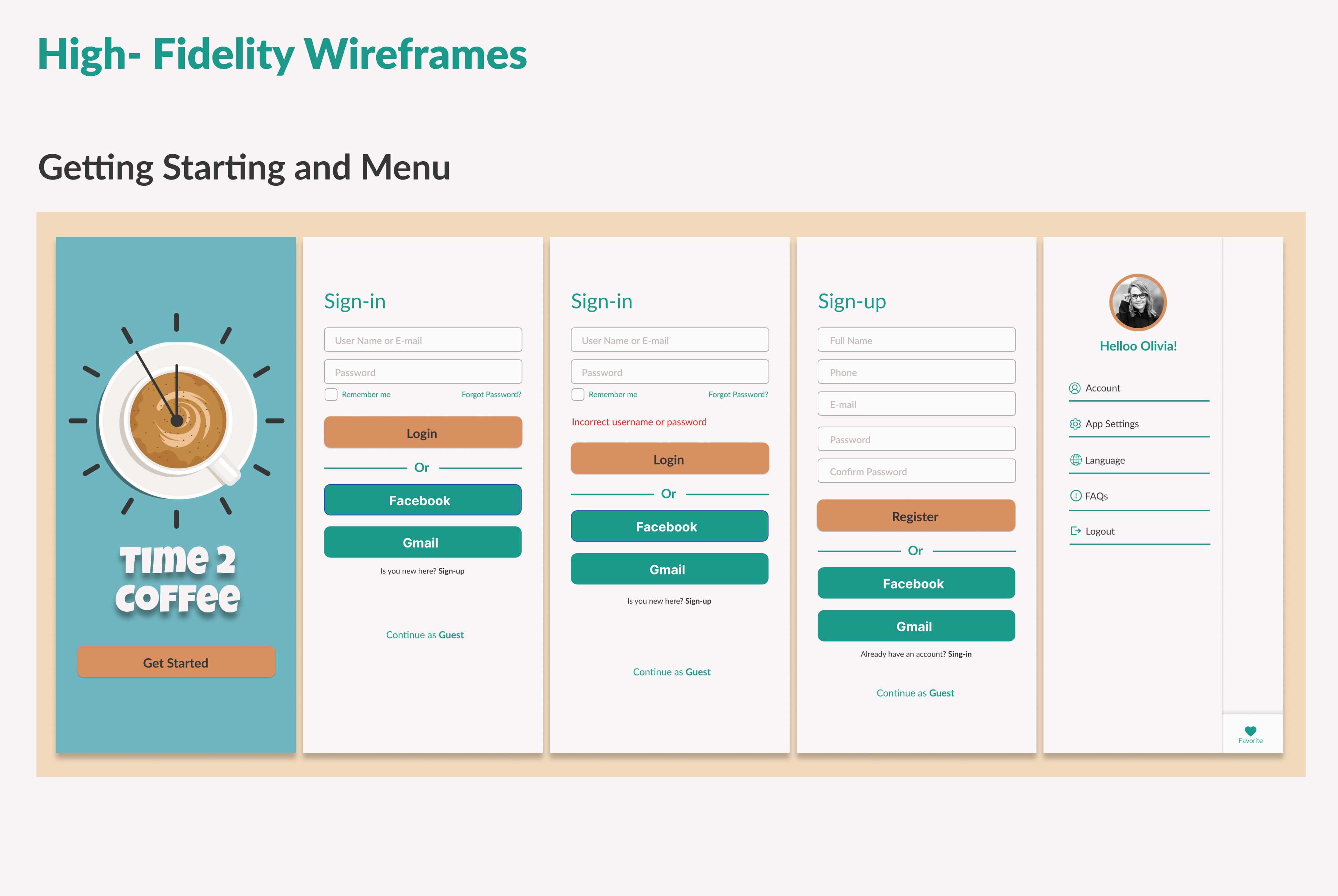 Coffee House Mobile App - UX/UI Design Case Study - High Fidelity Wireframes